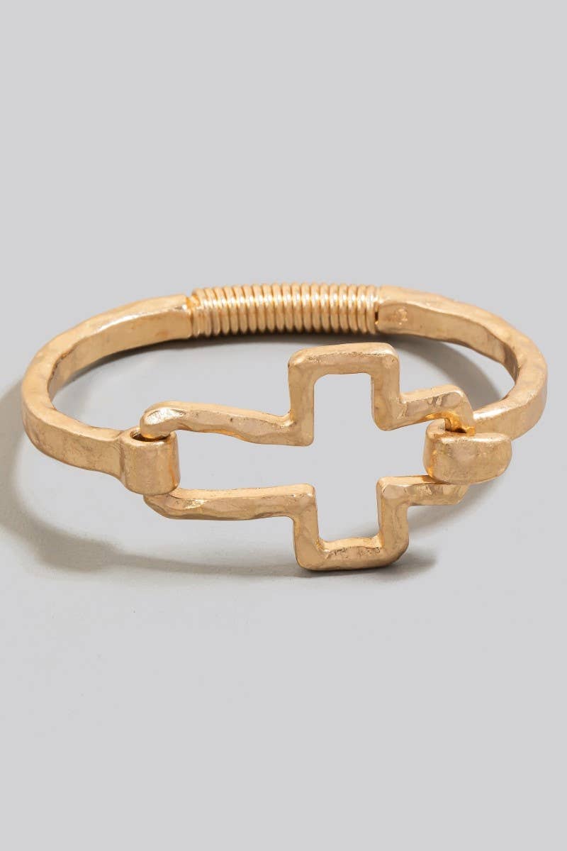 Hammered Cross Coil Spring Hook Bangle Bracelet
