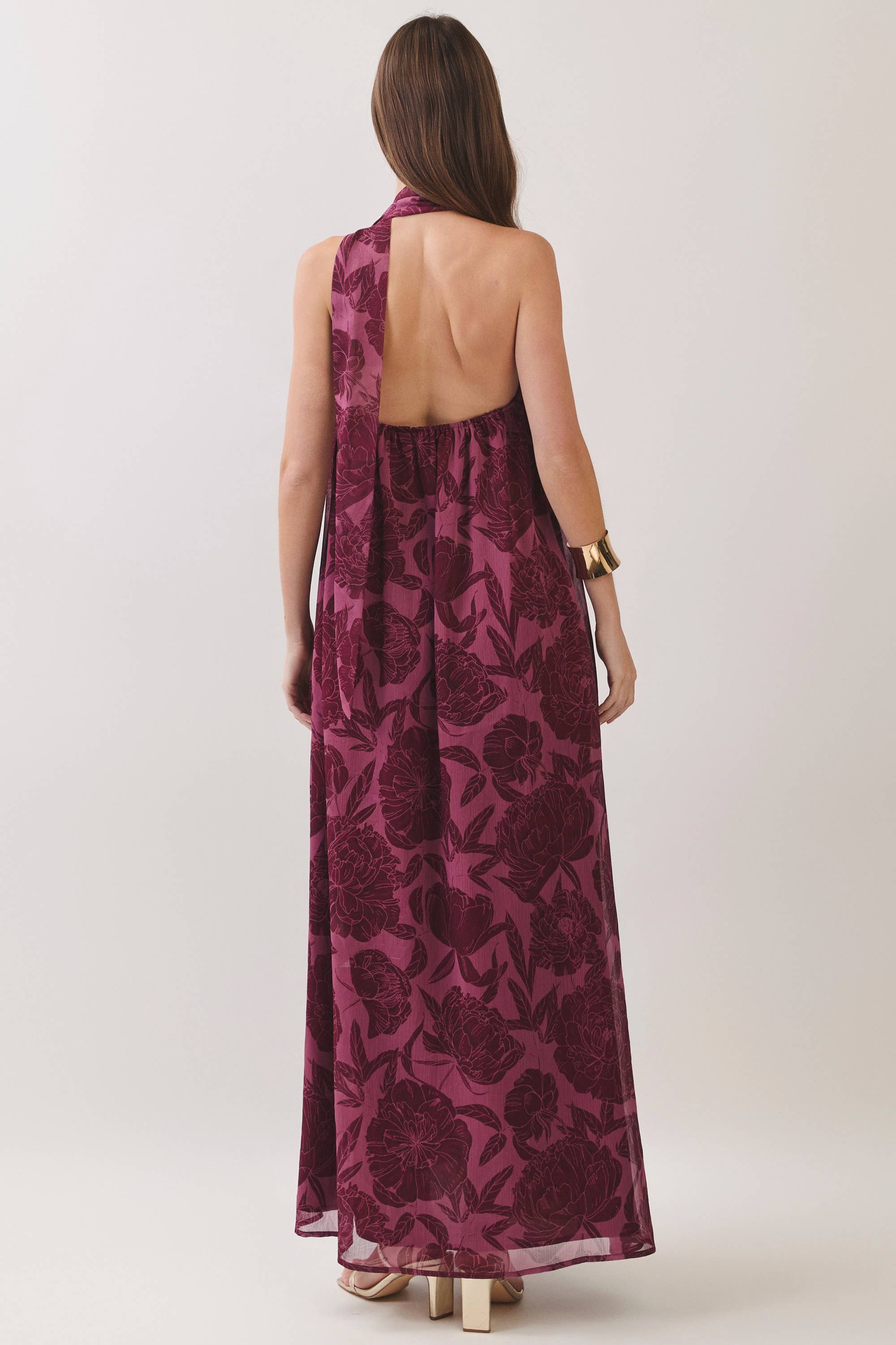 Purple Floral Print Scarf Maxi Dress