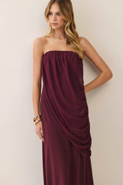Maroon Strapless Draped Maxi Dress