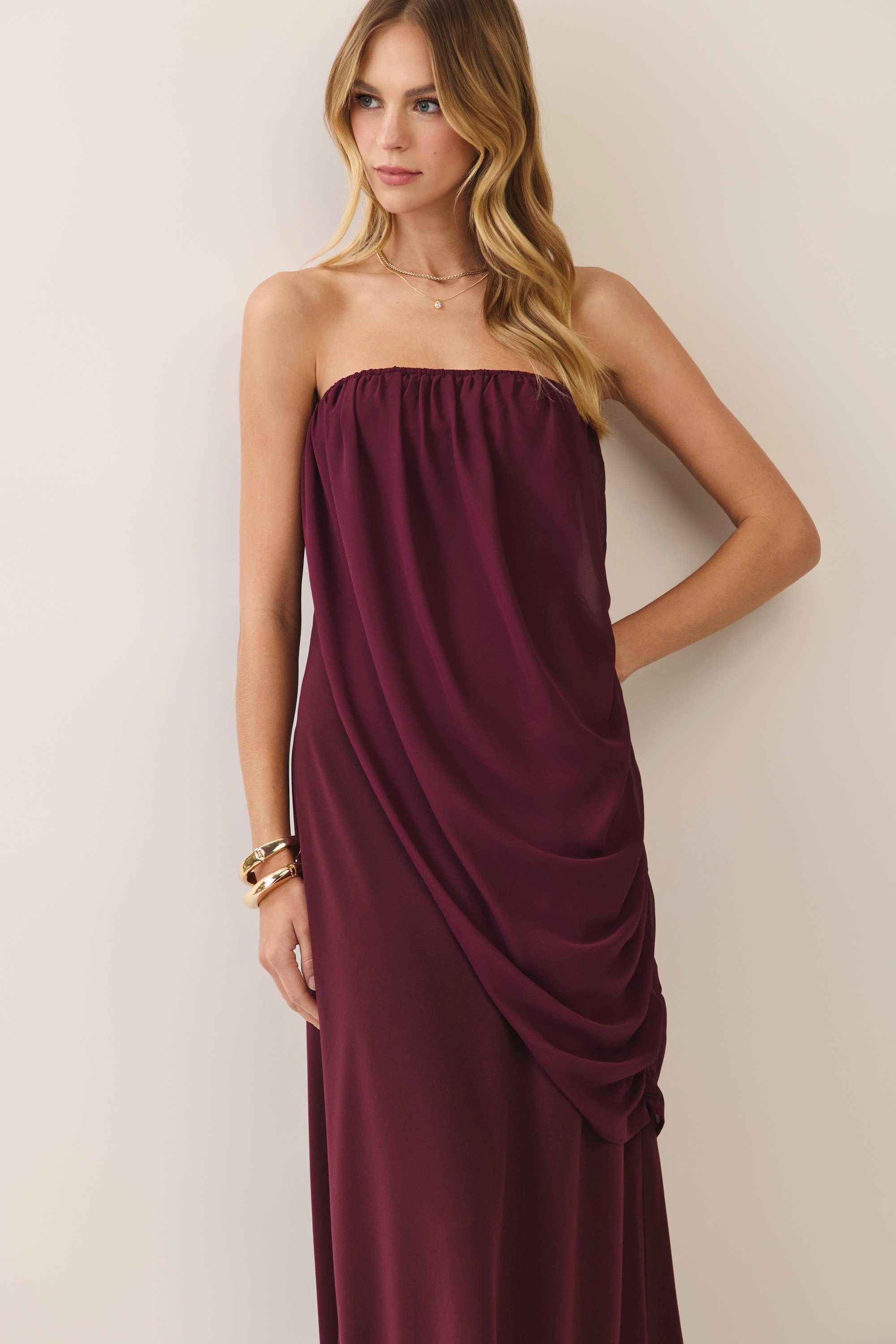 Maroon Strapless Draped Maxi Dress