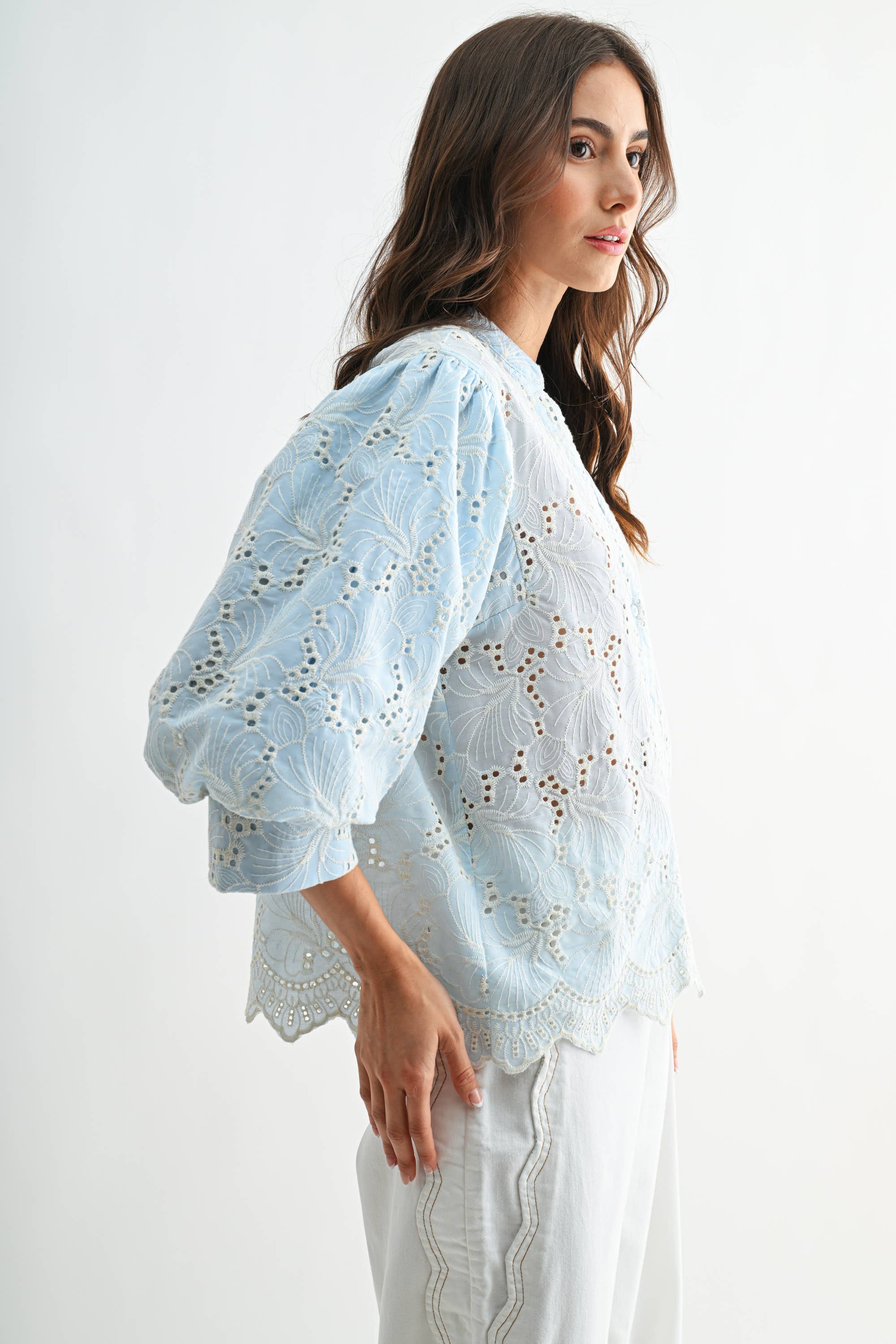 Light Blue Eyelet Puff Sleeve Top