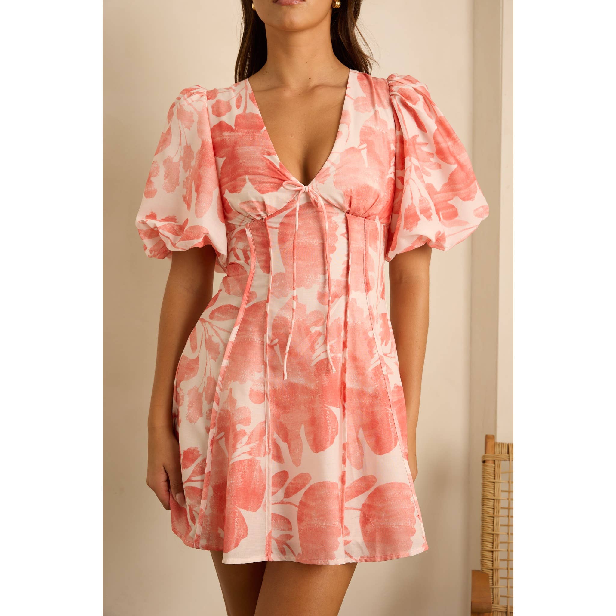 Pink Puff Sleeve Floral Mini Dress