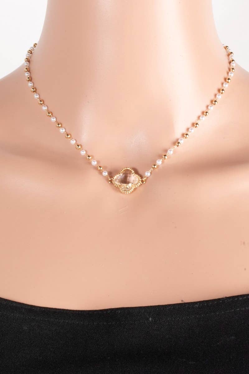 Faceted Clover Pendant Pearl Beaded Necklace