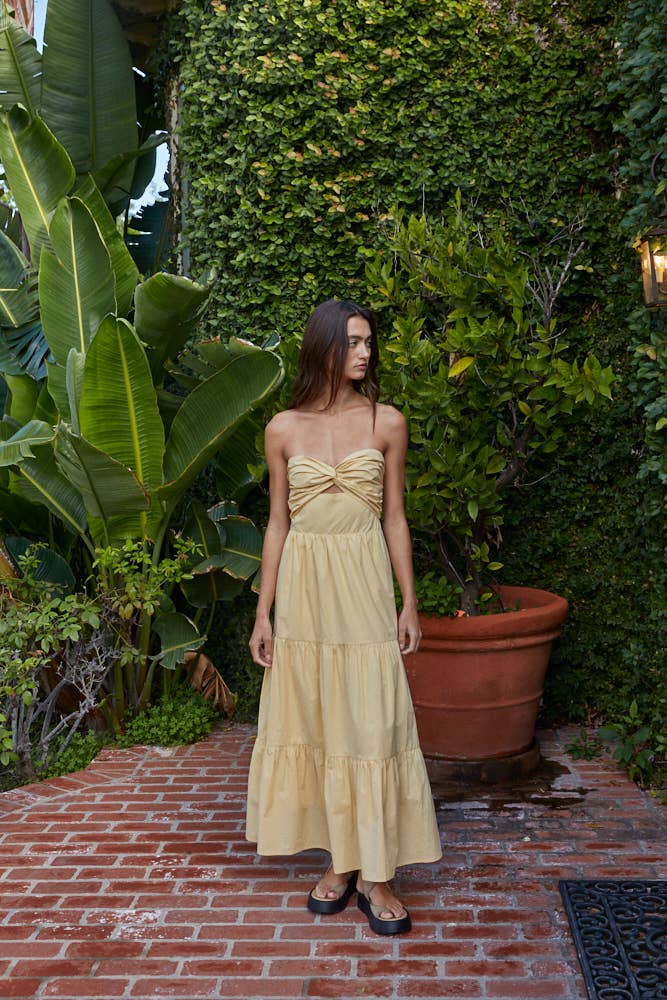 Yellow Strapless Twist Front Midi Dress