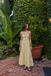 Yellow Strapless Twist Front Midi Dress