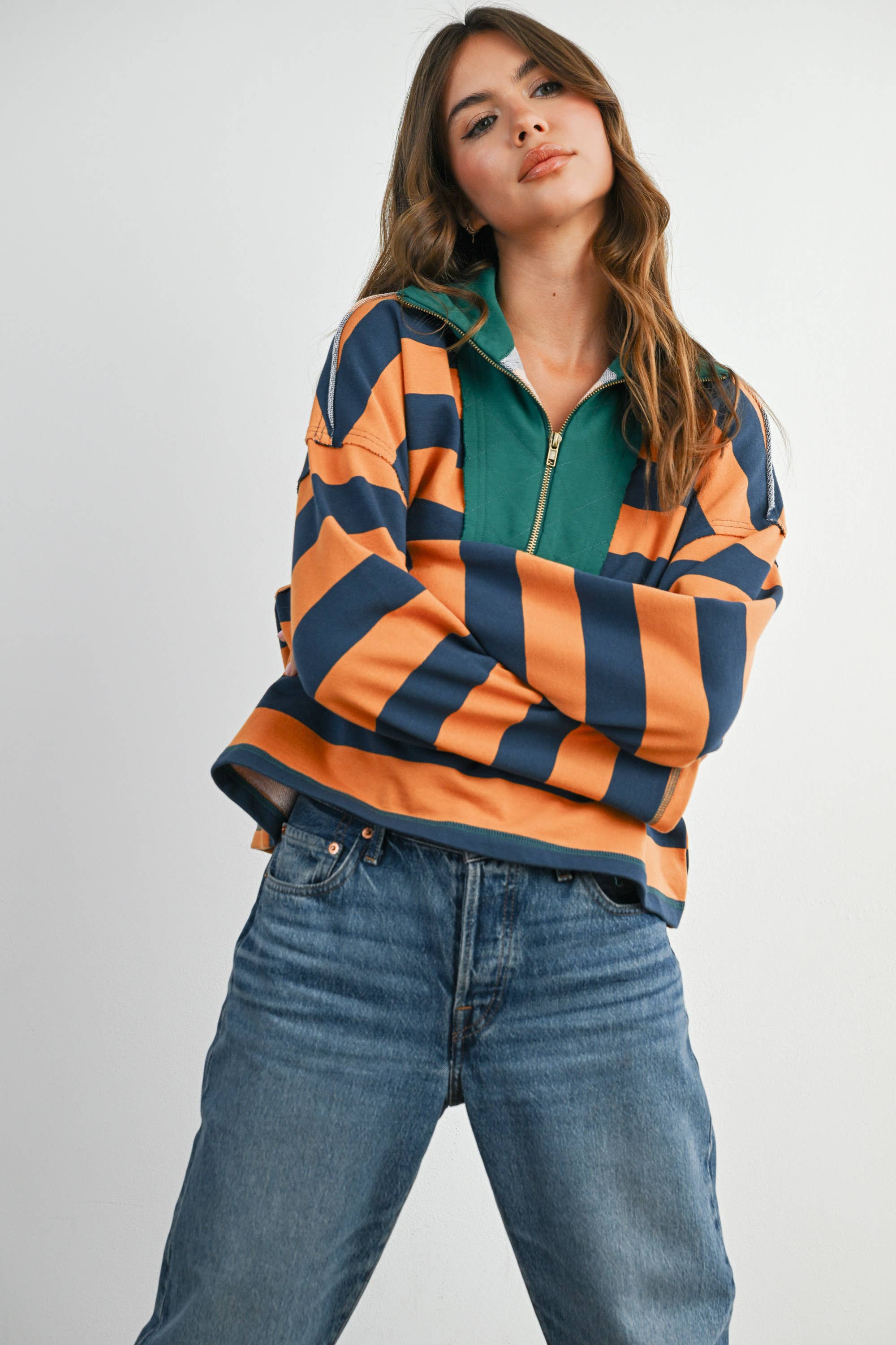 Green Striped Quarter-Zip Contrast Collar Sweatshirt
