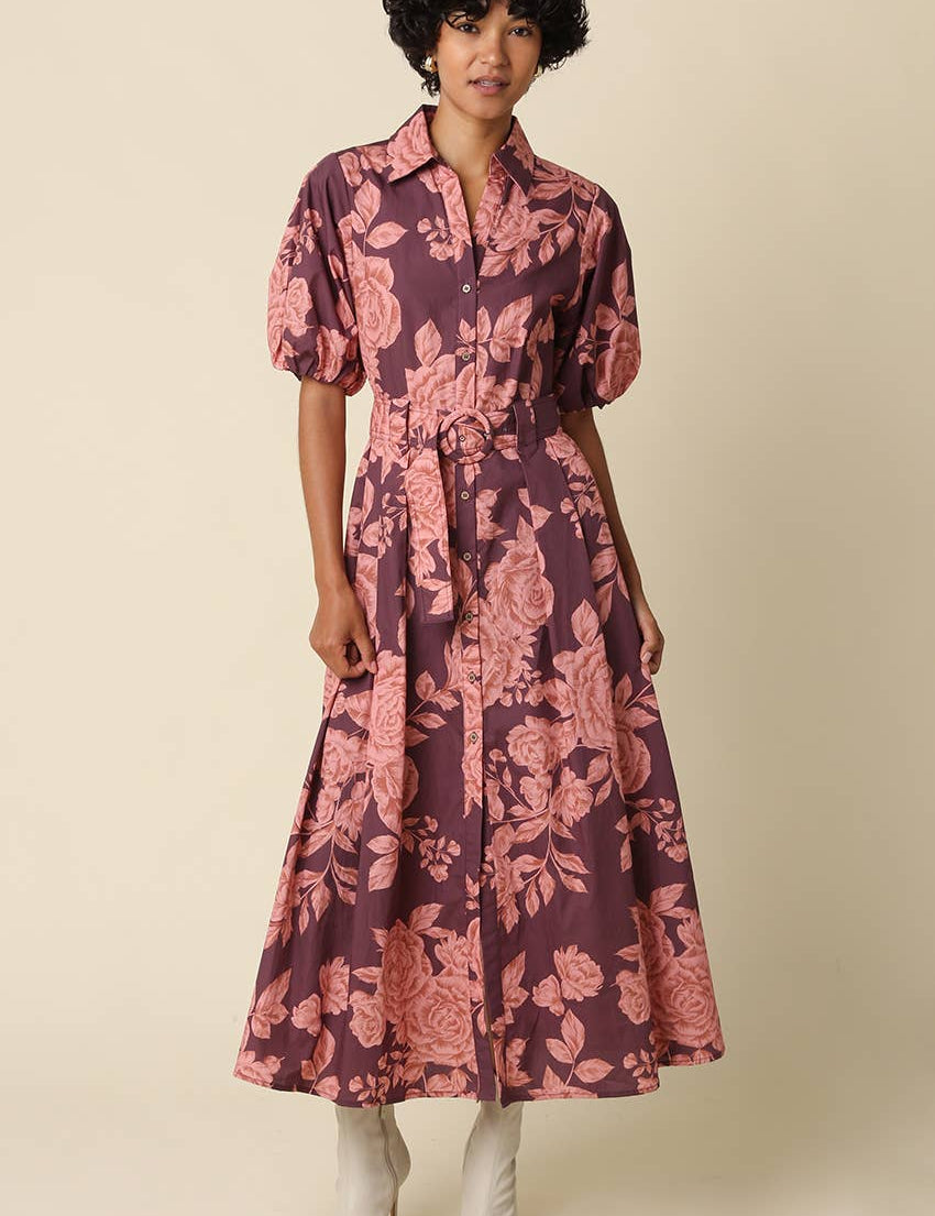 Purple & Pink Floral Shirt Belted Maxi Dress — collared button-front neckline and puff sleeves