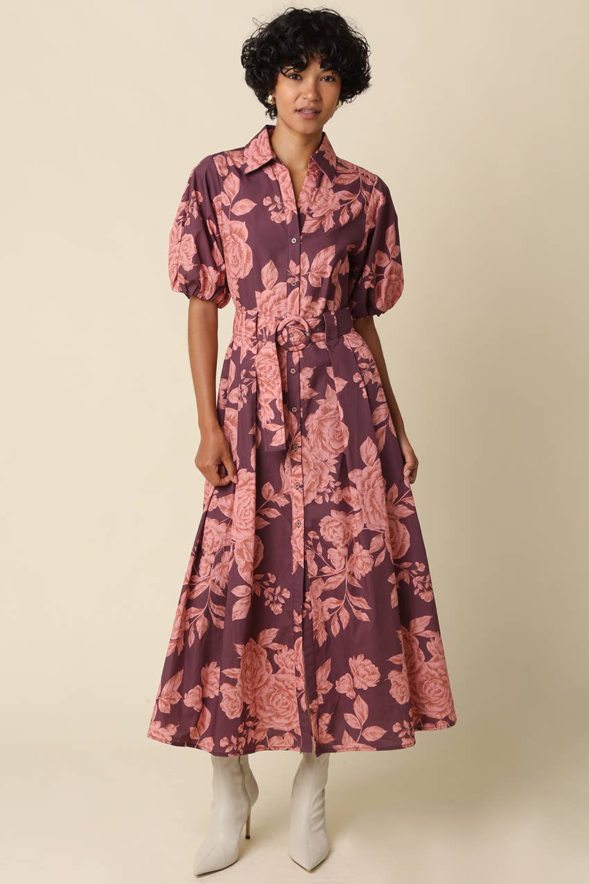 Purple & Pink Floral Shirt Belted Maxi Dress — collared button-front neckline and puff sleeves