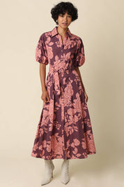 Purple & Pink Floral Shirt Belted Maxi Dress — collared button-front neckline and puff sleeves