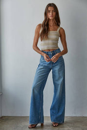 Beige Striped Ribbed Tank