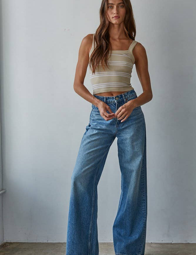 Beige Striped Ribbed Tank
