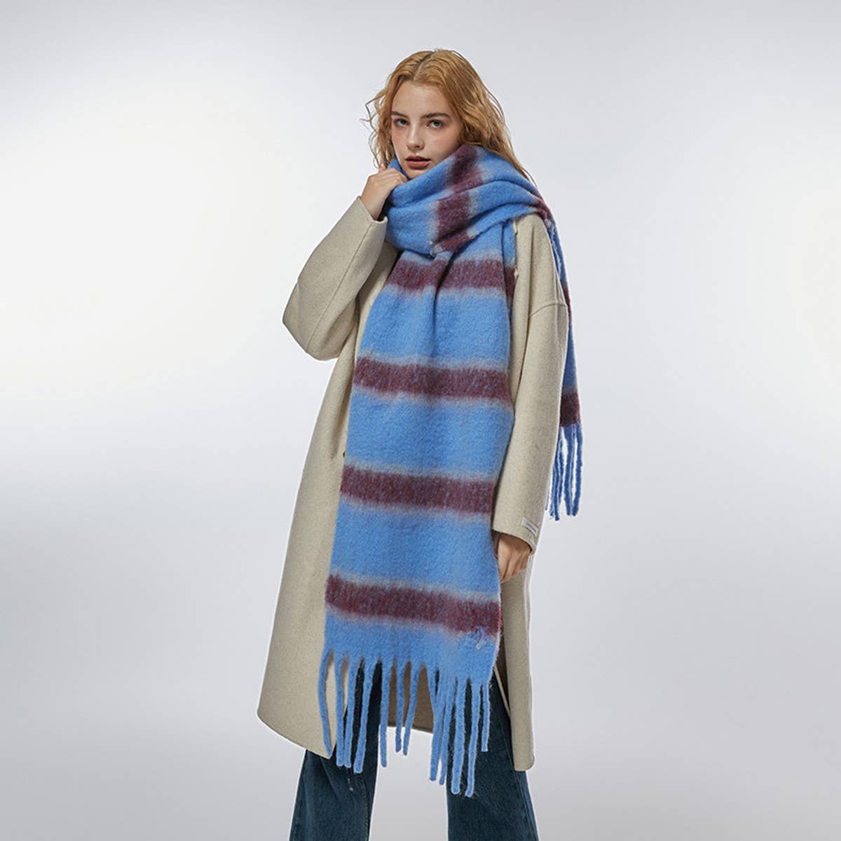 Red Retro Stripe Fleece Scarf — color: red