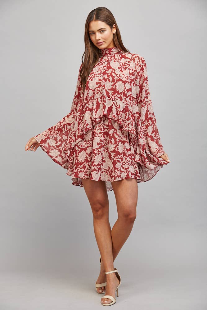 Red Floral Neck Tie Mini Dress