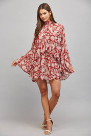 Red Floral Neck Tie Mini Dress