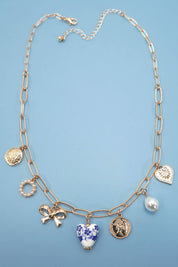 CERAMIC PORCELAIN BOW HEART CHARM LINK NECKLACE