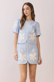 Blue Floral Front Slit Mini Skirt