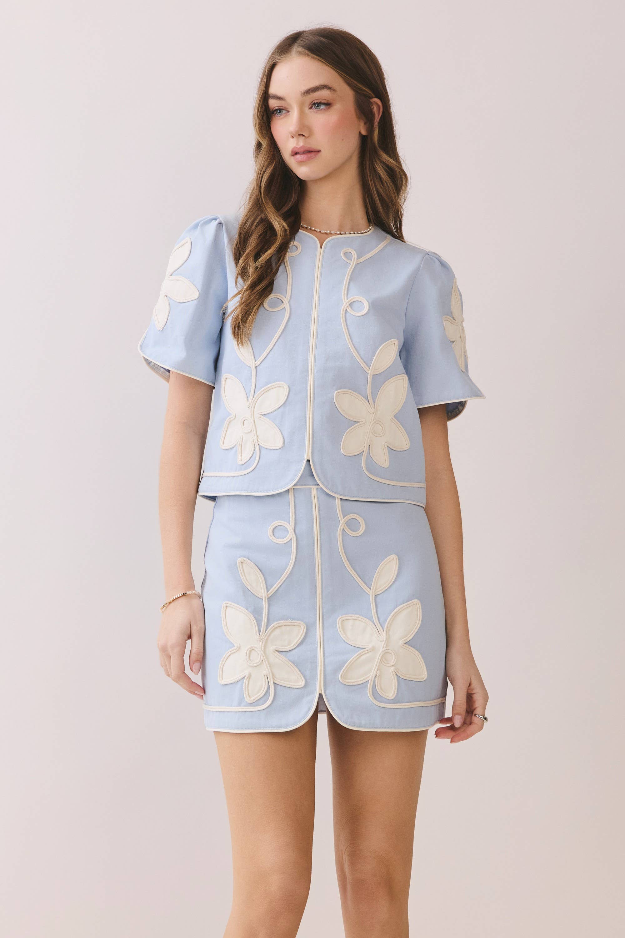 Blue Floral Front Slit Mini Skirt