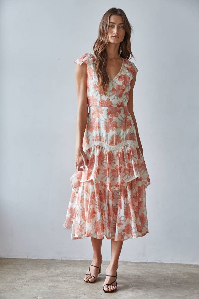 Floral Print Tiered Ruffle Midi Dress
