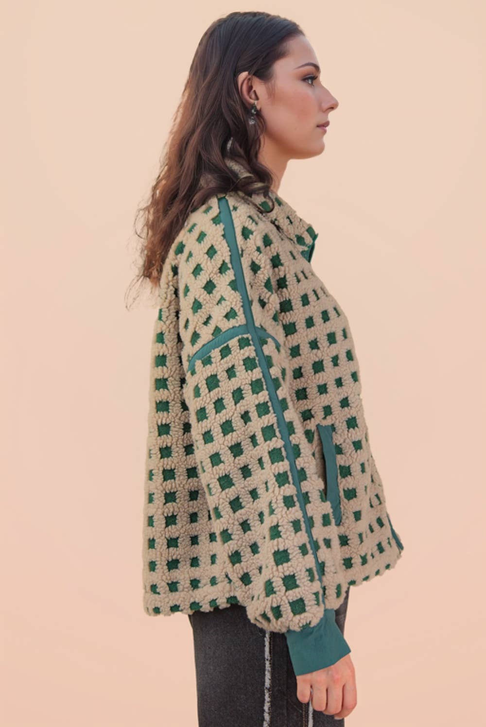 Gray & Green Oversized Checker Fleece Jacket