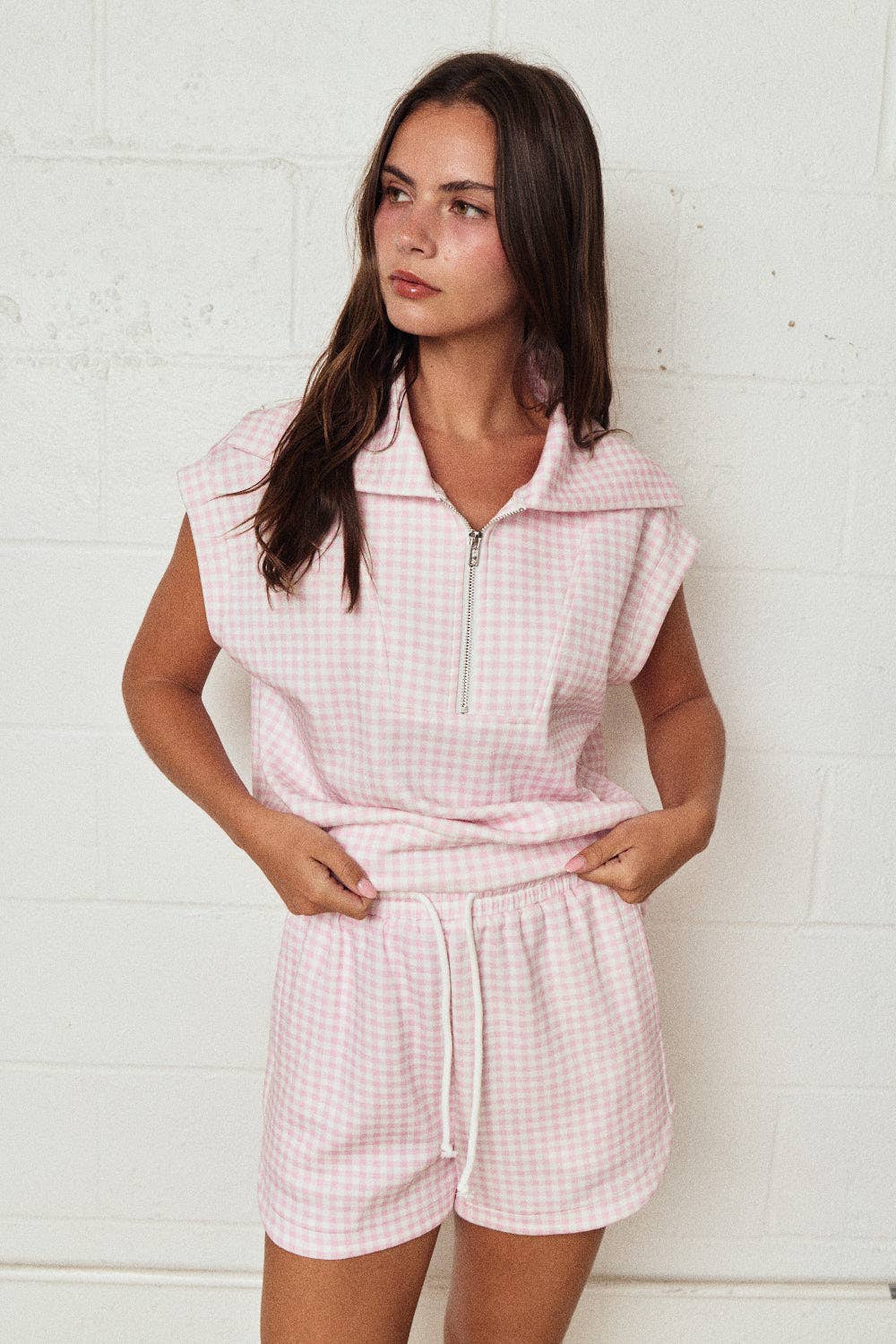 Pink Gingham Zip Up Top Short Set