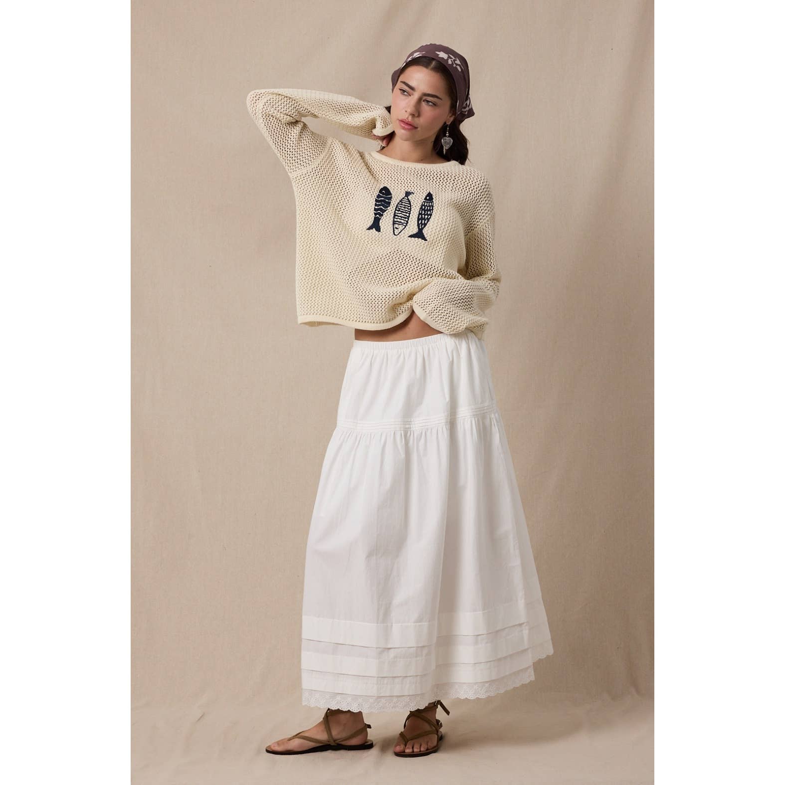 Cream Fish Trio Open Knit Sweater