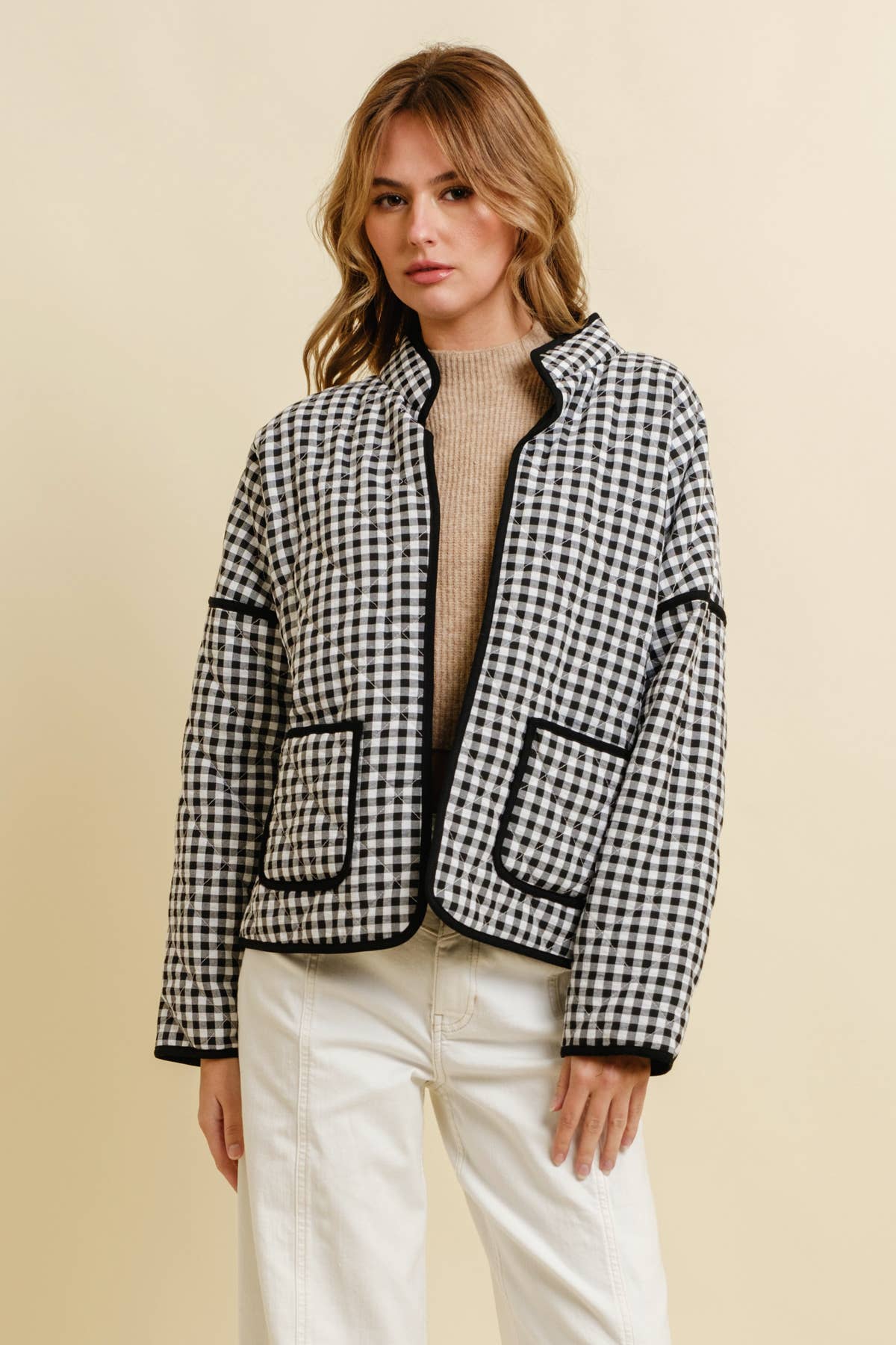 Black Quilted Gingham Jacket showing open front with no closure