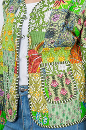 Green Floral Quilted Patch Reversible Jacket