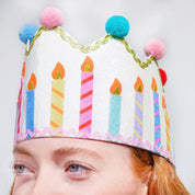 Birthday Wishes Reusable Birthday Crown showing glitter felt birthday crown with multicolor pom poms