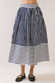 Navy Striped High Waist Midi Skirt
