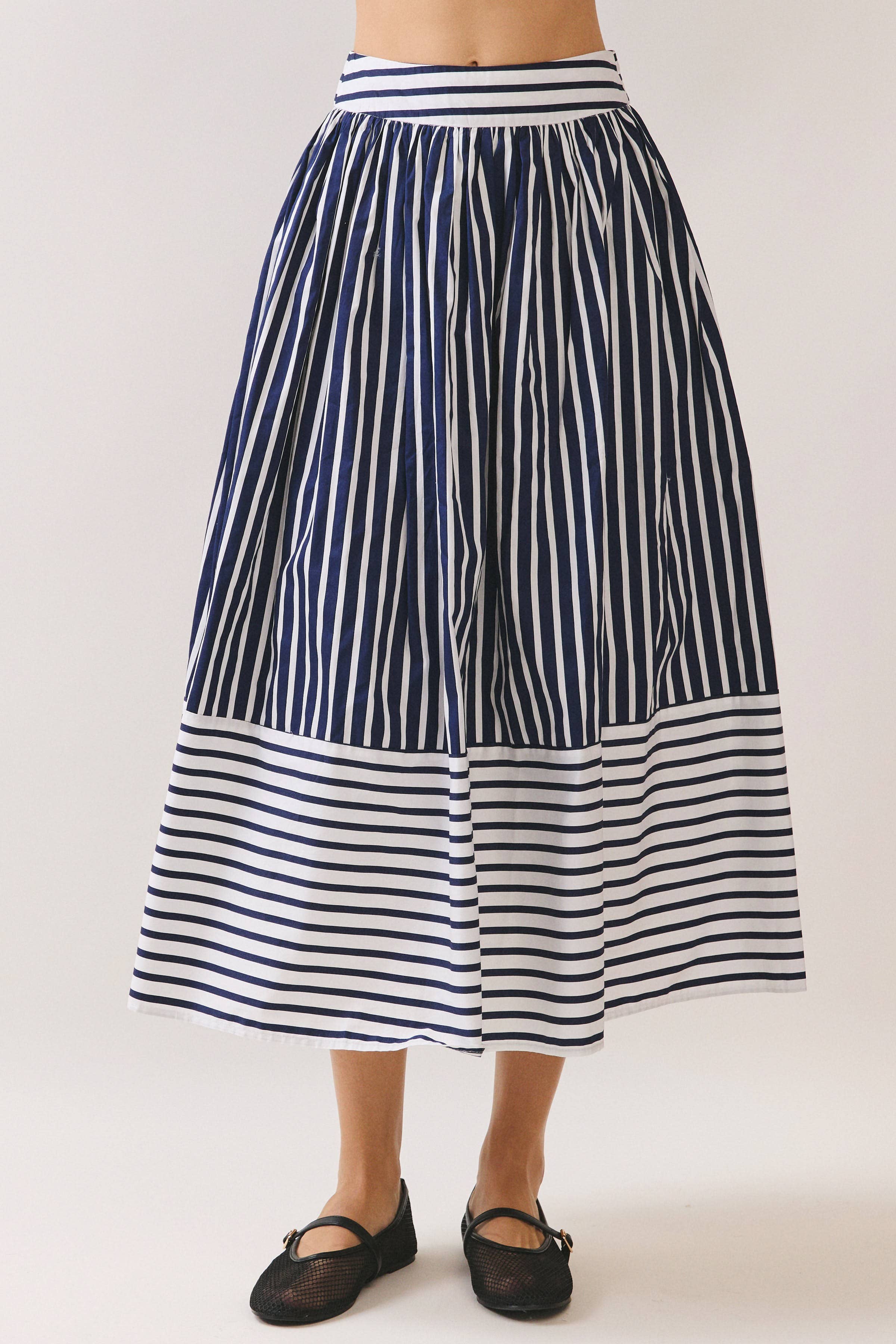 Navy Striped High Waist Midi Skirt