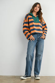 Green Striped Quarter-Zip Contrast Collar Sweatshirt