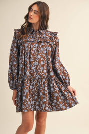 Brown Ruffle Trim Button Down Mini Dress