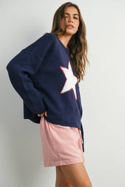 Navy Drop Shoulder Star Pattern Sweater