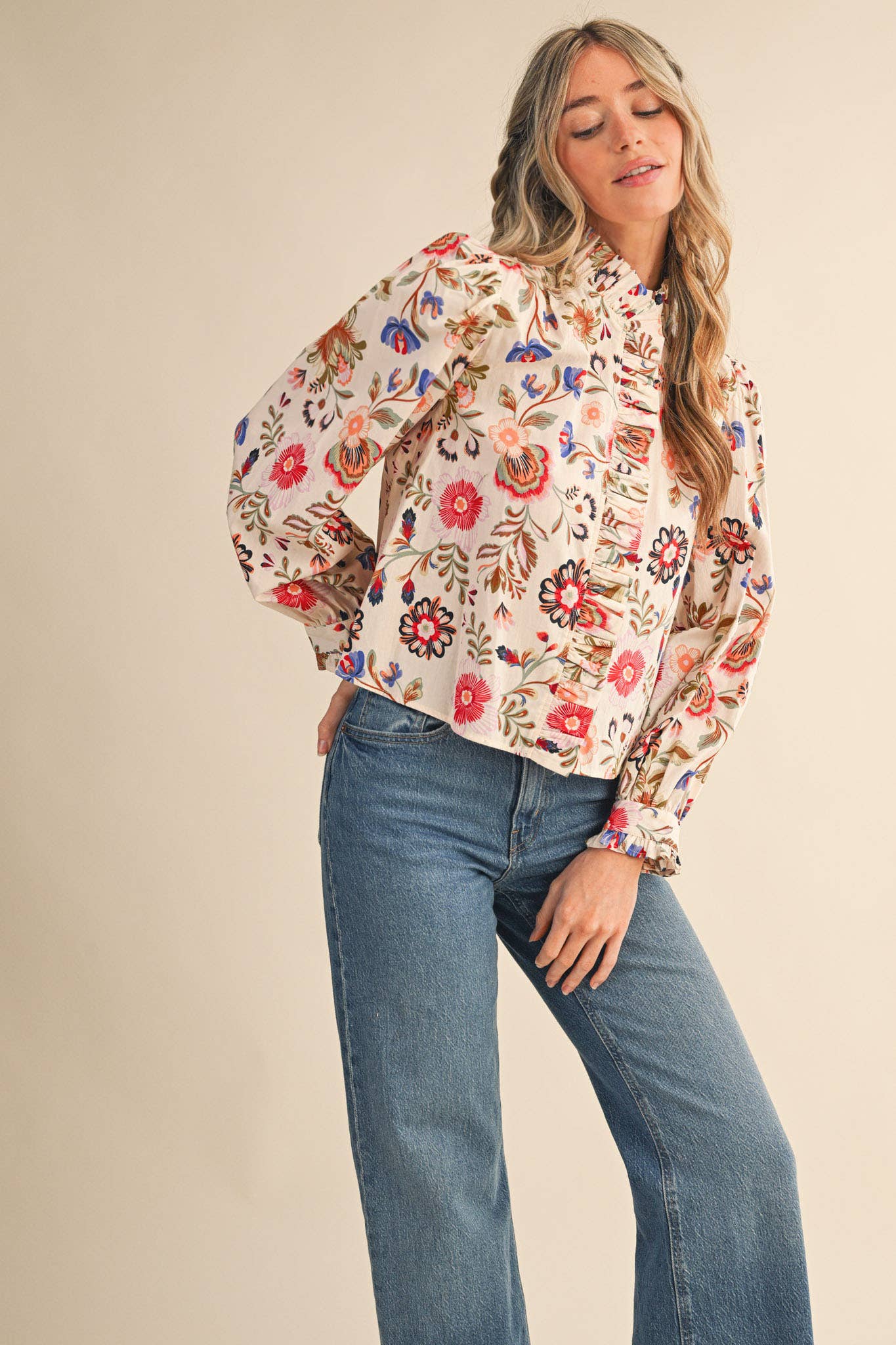 Cream Floral Ruffled Button Down Top