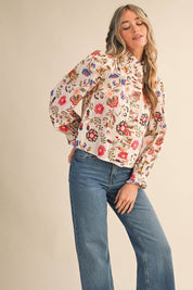 Cream Floral Ruffled Button Down Top