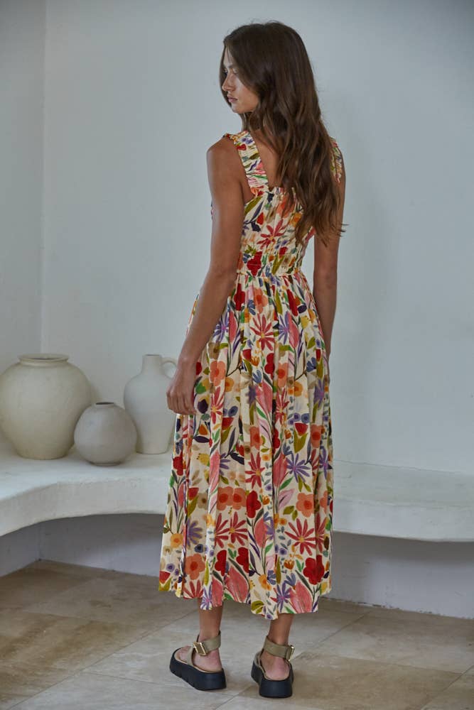 Cream Floral Print Sleeveless Dress
