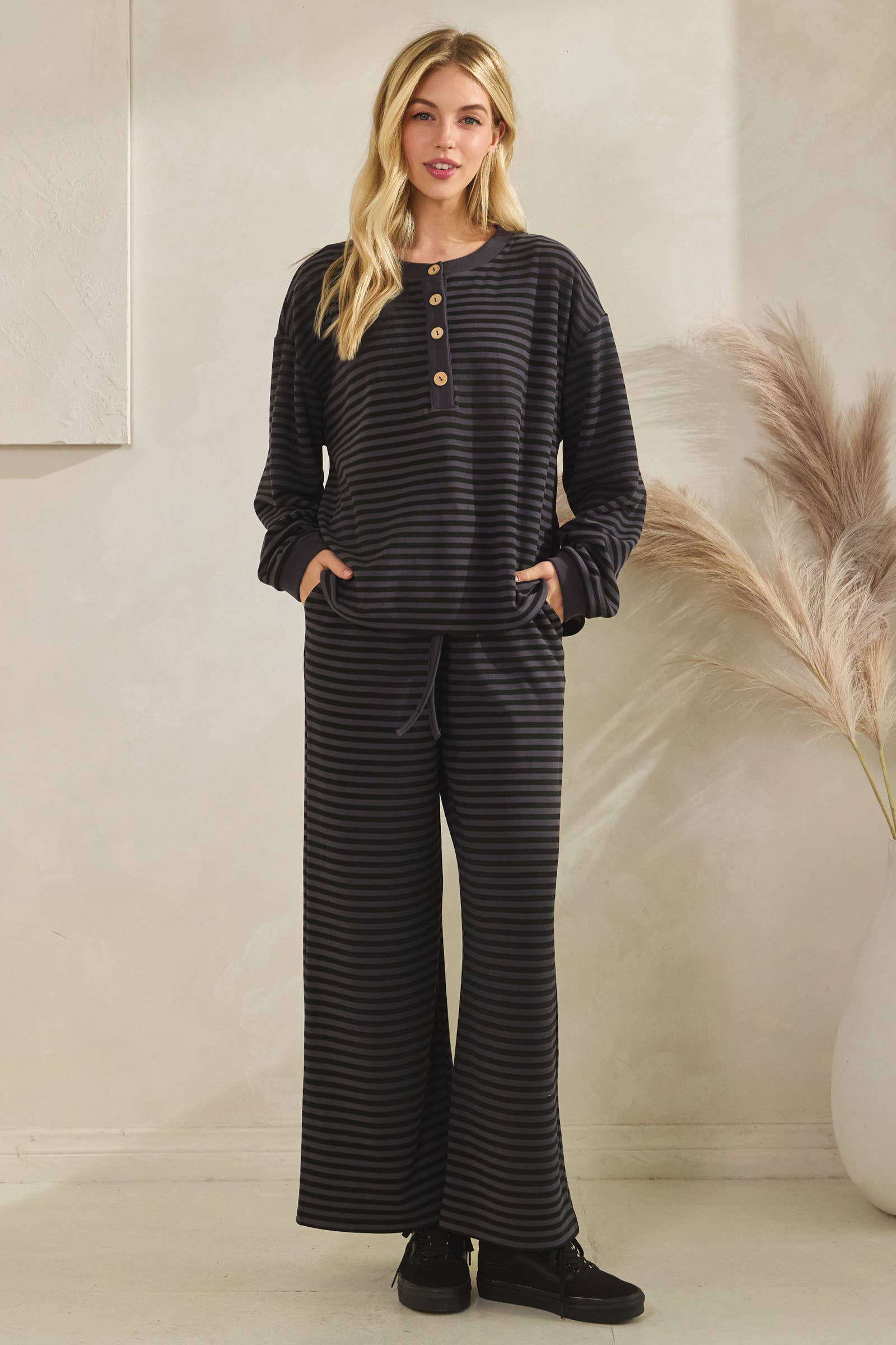 Striped Button Henley Brushed Lounge Set