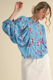 Blue Floral Dolman Sleeve Blouse