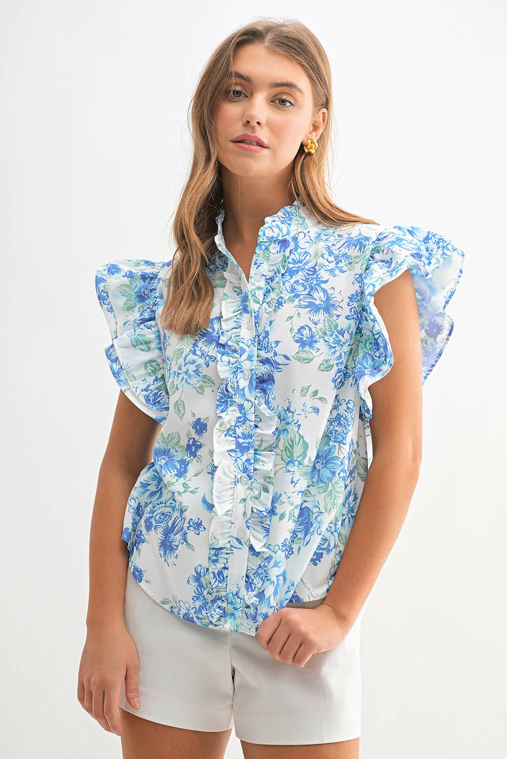 Blue Floral Ruffle Frilly Blouse