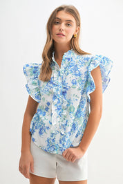 Blue Floral Ruffle Frilly Blouse