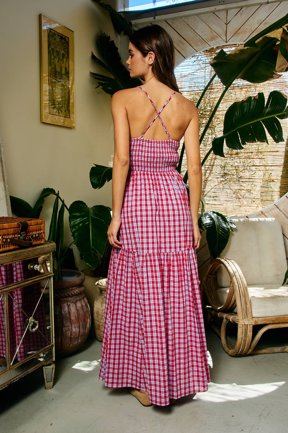Red Gingham Smocked Maxi Dress