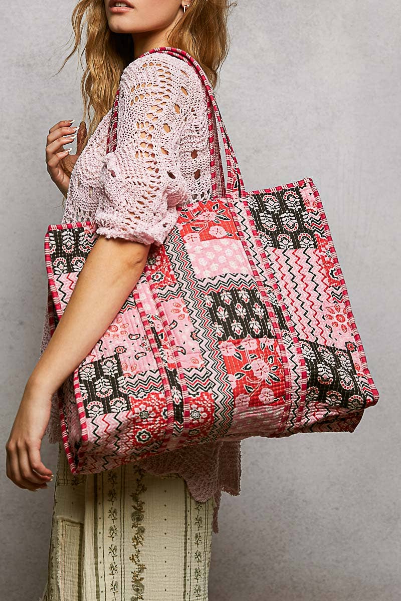 Pink Quilted Bohemian Tote Bag