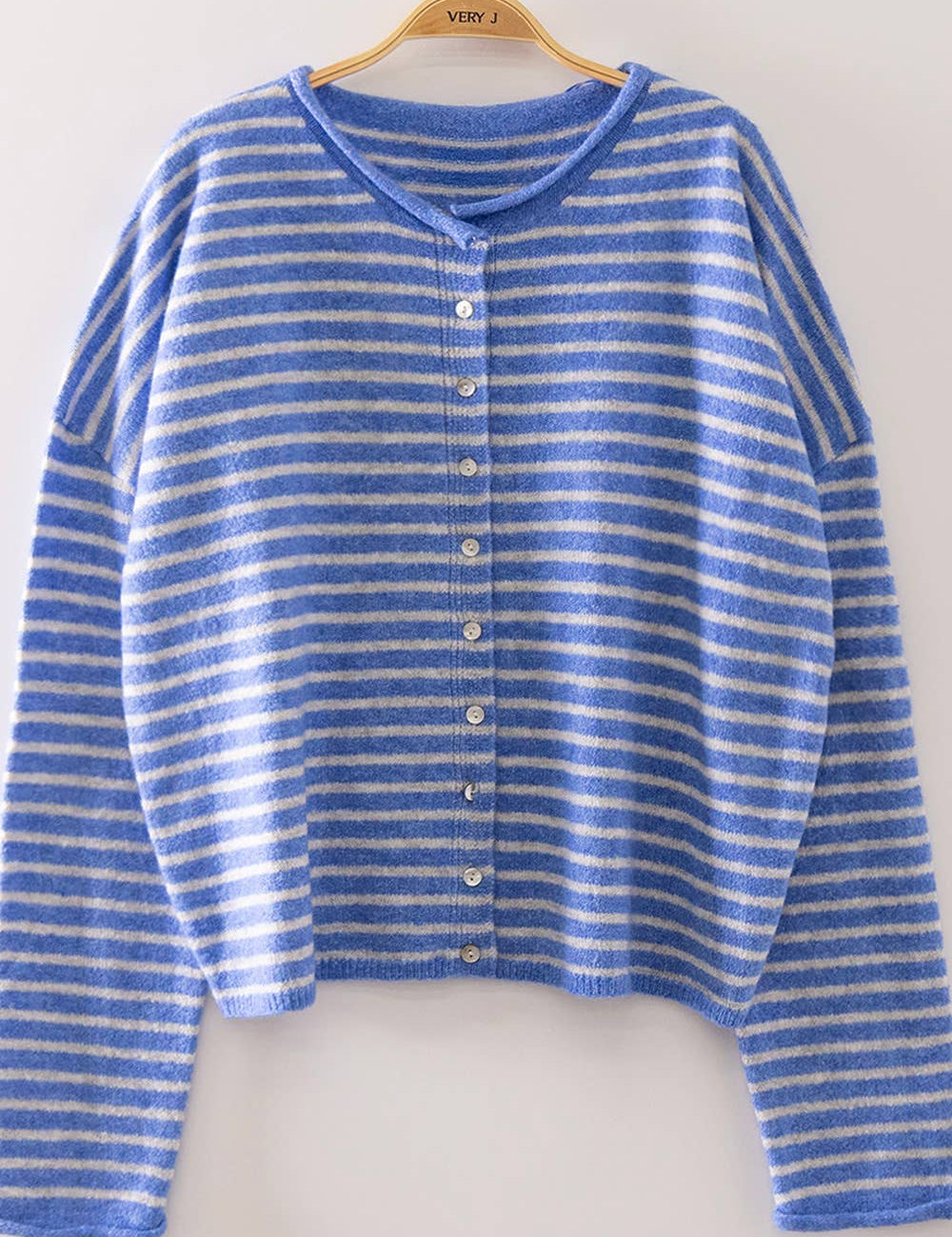 Blue Button Down Stripe Sweater — round neckline and button down closure along front
