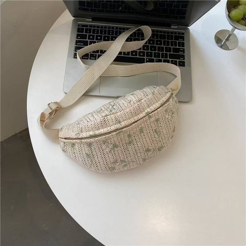 RAFFIA STRAW WAIST FANNY PACK CROSSBODY BELT BAG