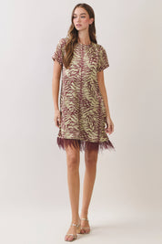 Red Feather Trim Printed Shift Dress