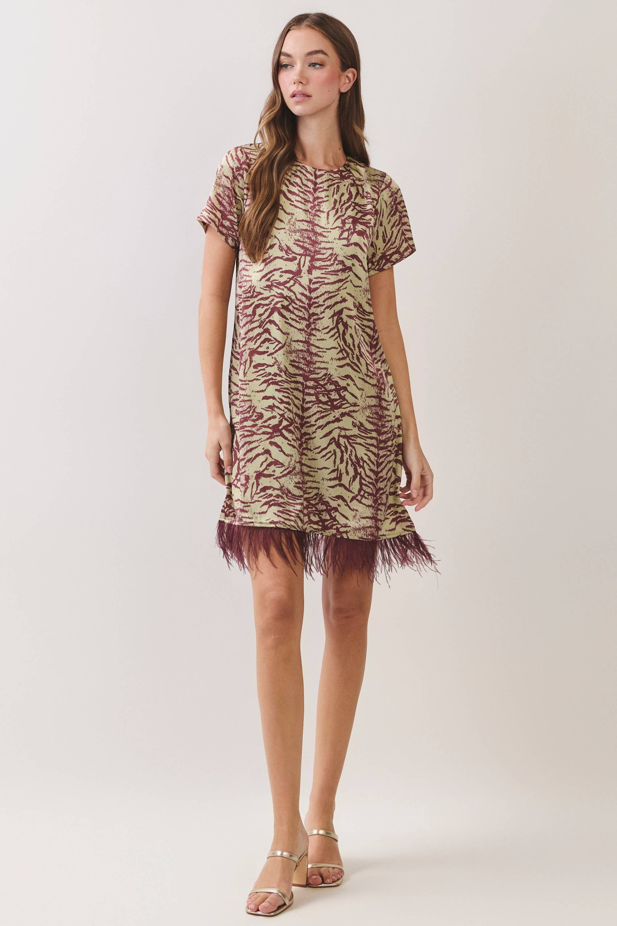 Red Feather Trim Printed Shift Dress