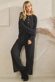 Striped Button Henley Brushed Lounge Set