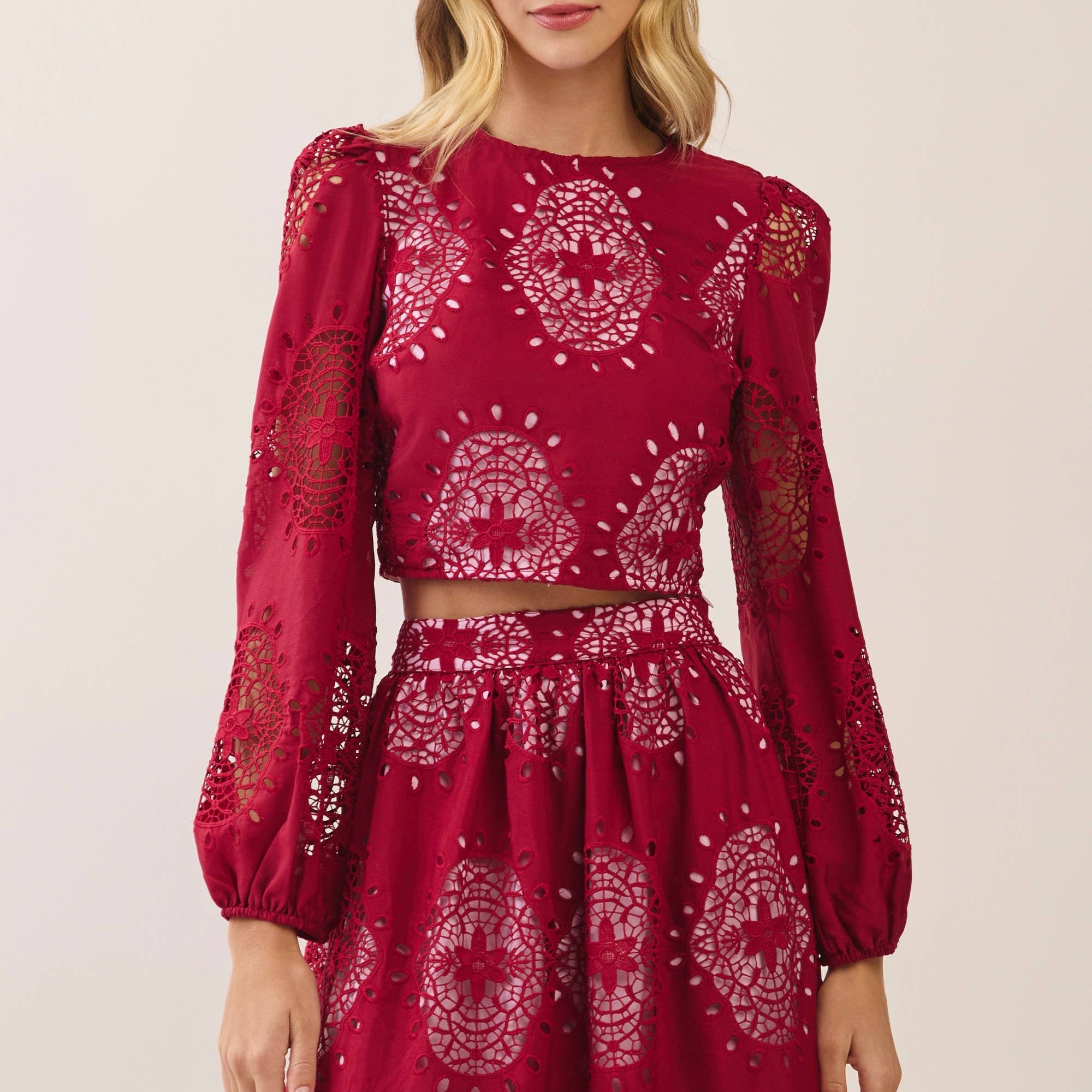 Burgundy Eyelet Puff Sleeve Crop Top