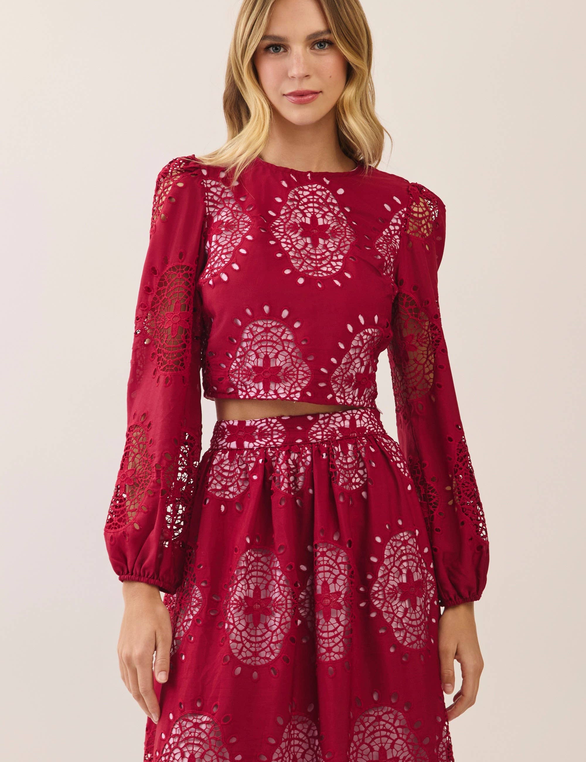 Burgundy Eyelet Puff Sleeve Crop Top