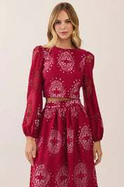 Burgundy Eyelet Puff Sleeve Crop Top